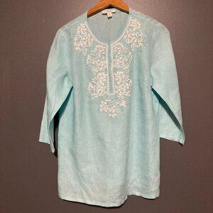 Charter Club Women M 100% Linen Blue Tunic Embroidery Relaxed Blouse Top